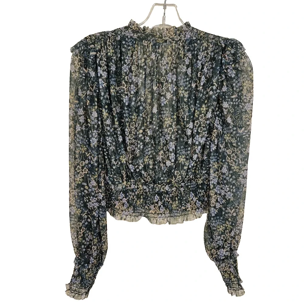 Free People Twyla Floral Sheer Blouse Women XS Ruffled Smocked Green Cottagecore